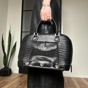 Vintage 90s M.C. Leather Croc Handbag with Silver Heart Accents